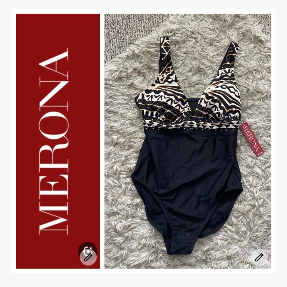 NWT Merona Black and Multi-Print Swimsuit
